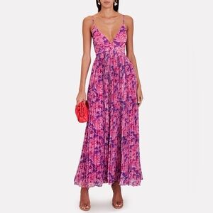 ‼️RARE‼️🎸ROCOCO SAND🎸🔥NWT🔥Pleated Floral Maxi Dress in Bubble Gum Pink/Purple—